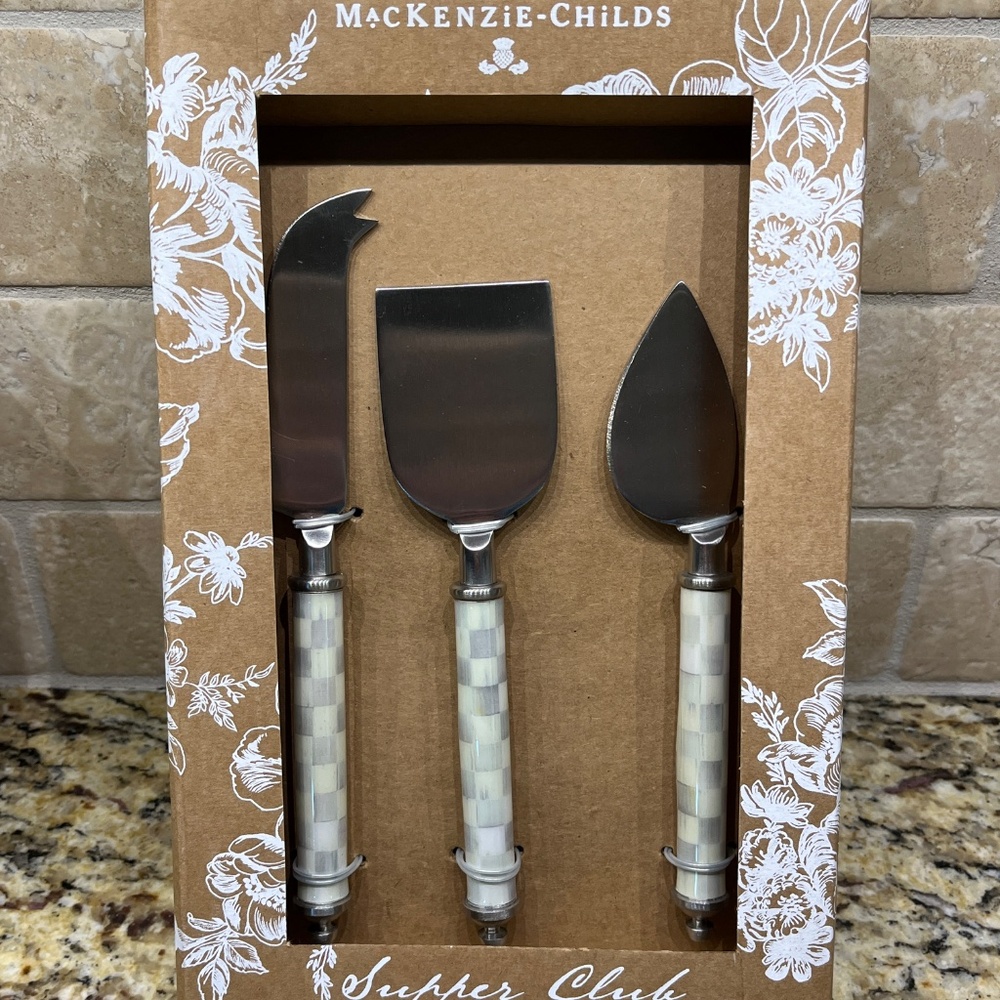 MacKenzie-Childs Sterling Courtly Check 3 Piece Cheese Set - NEW